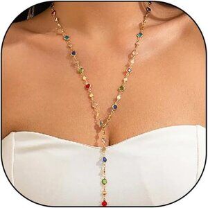 Colorful Crystal Y Necklace for Women,Gold Dainty Long Chain